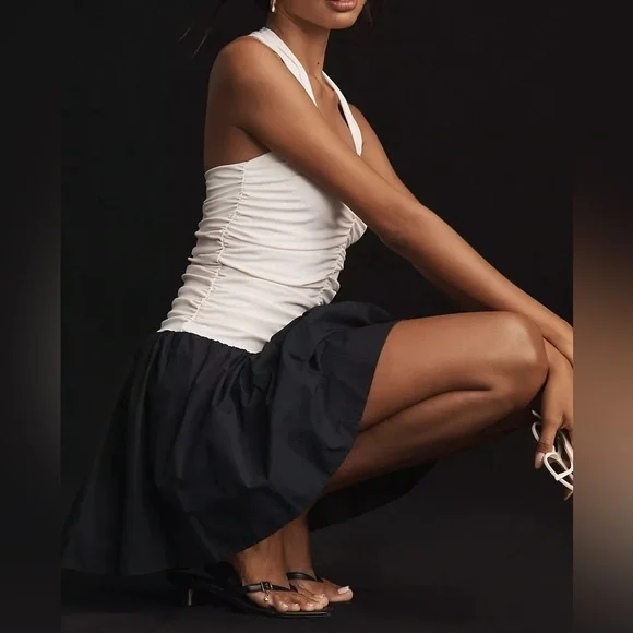 NWT Maeve Halter Twofer Mini Dress Anthro Black White Puffy Bubble Sz L - Picture 5 of 16